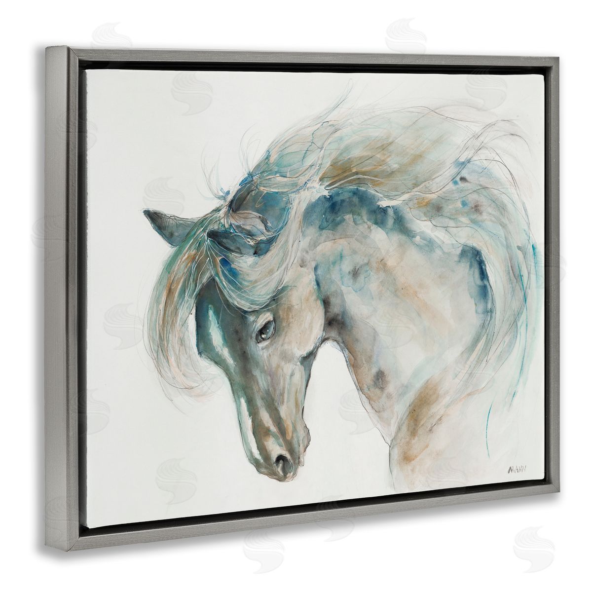 Patti Mann Watercolor Horse Blue Beige Gray Floater Frame Canvas Art