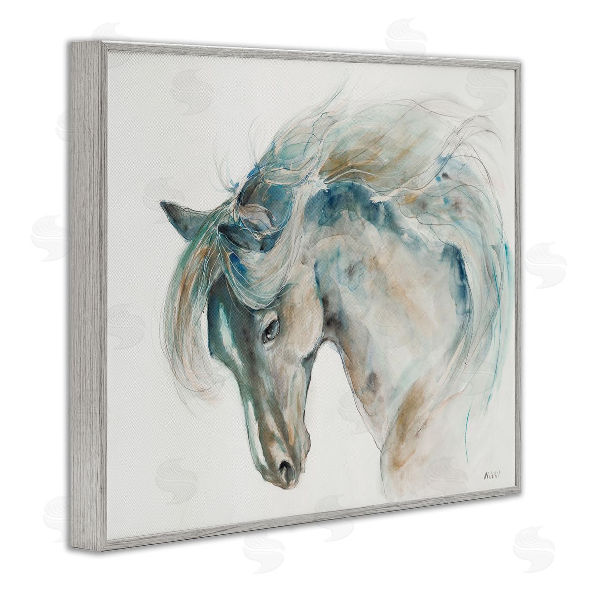 Patti Mann Watercolor Horse Blue Beige Gray Framed Giclee Wall Art