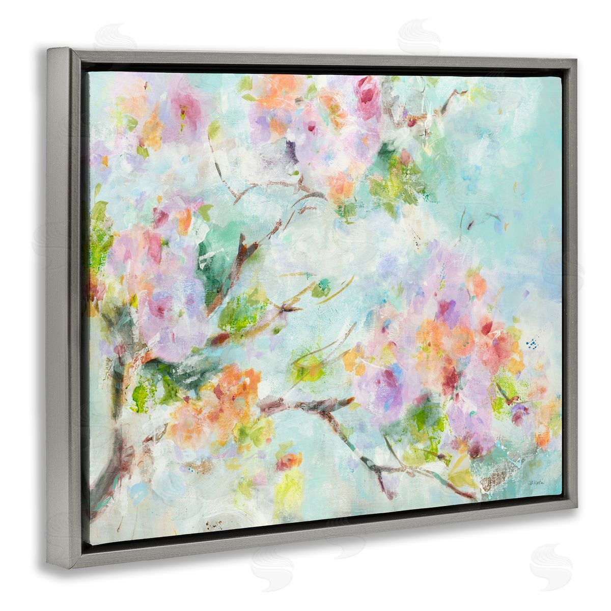 Jill Martin Soft Floral Branch Pink Flowers Gray Floater Frame Canvas Art