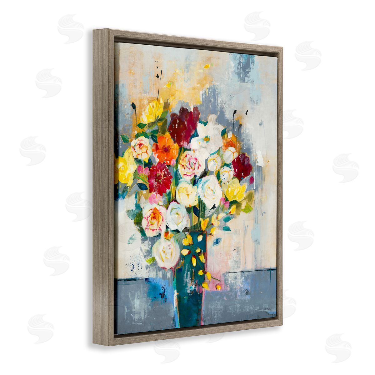 Jill Martin Roses and Daisies Abstract Bouquet Brown Floater Frame Canvas Art