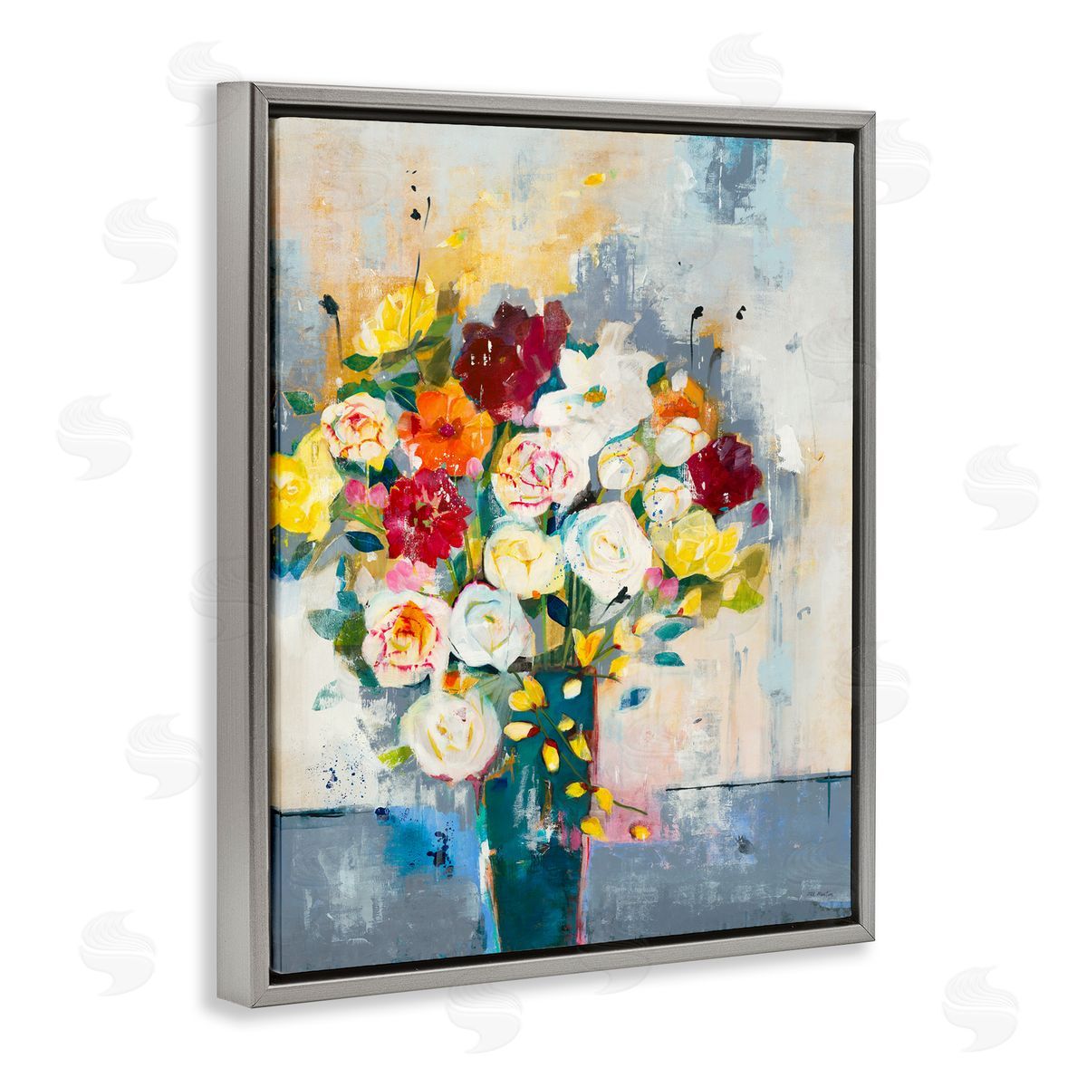 Jill Martin Roses and Daisies Abstract Bouquet Gray Floater Frame Canvas Art