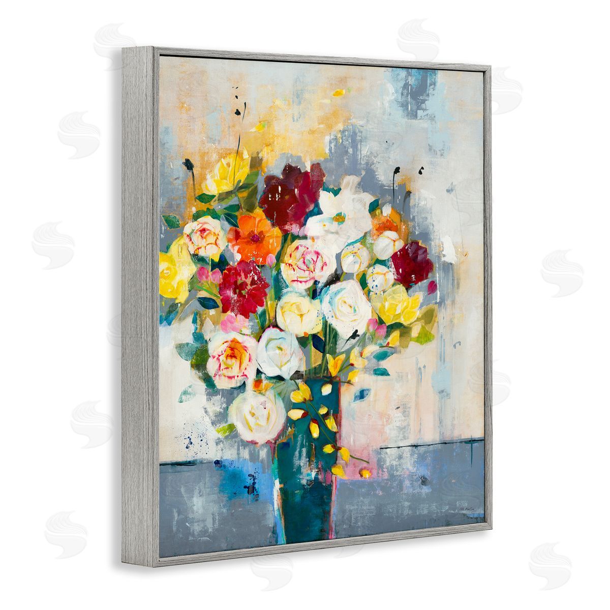 Jill Martin Roses and Daisies Abstract Bouquet Gray Framed Giclee Wall Art