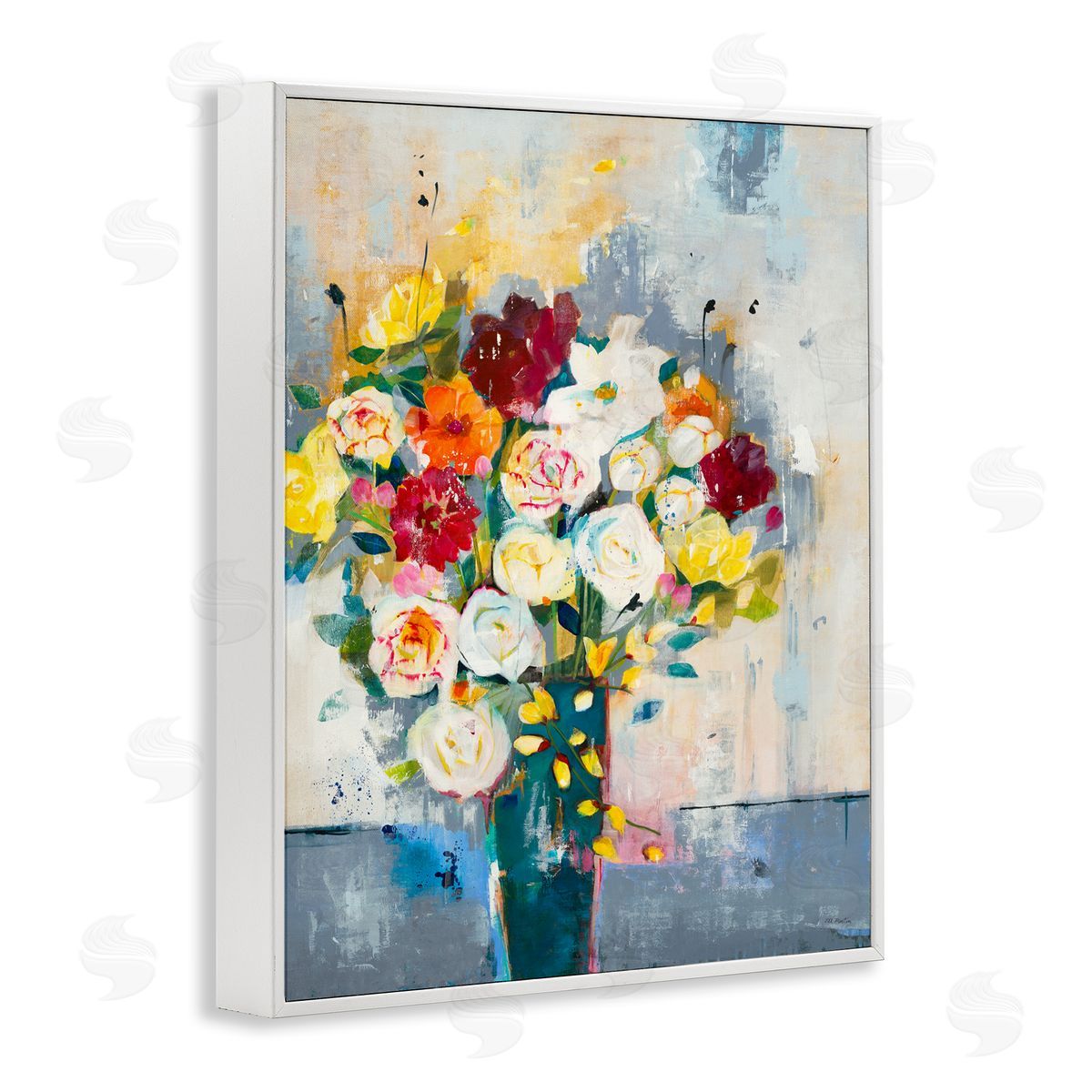 Jill Martin Roses and Daisies Abstract Bouquet White Framed Giclee Wall Art