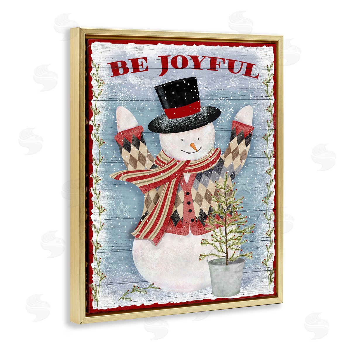 Beth Albert Country Snowman Christmas Tree Gold Floater Frame Canvas Art