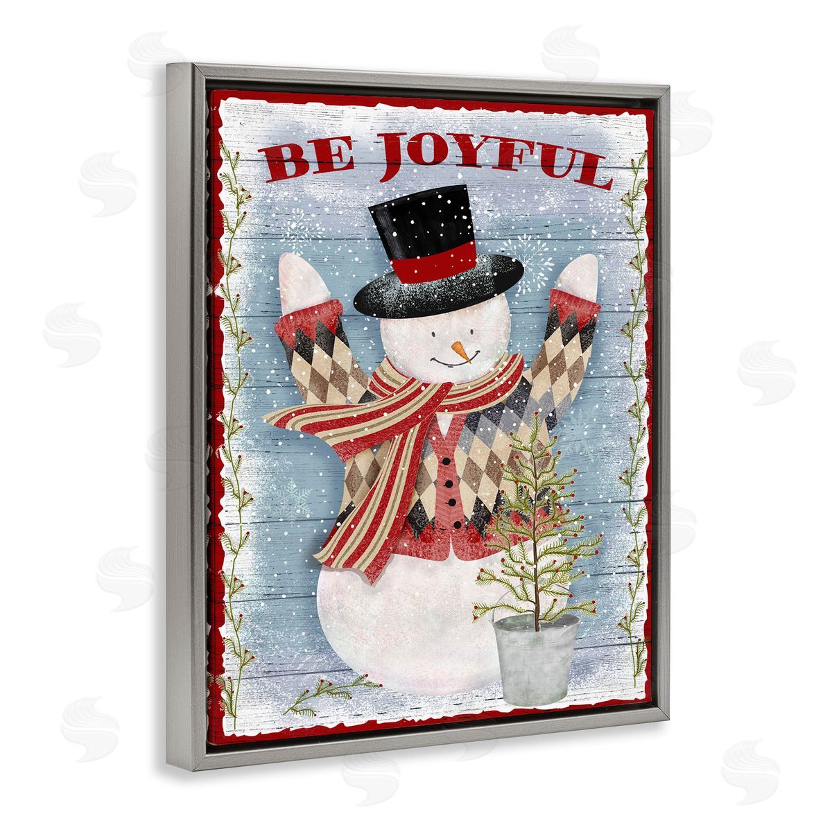 Beth Albert Country Snowman Christmas Tree Gray Floater Frame Canvas Art