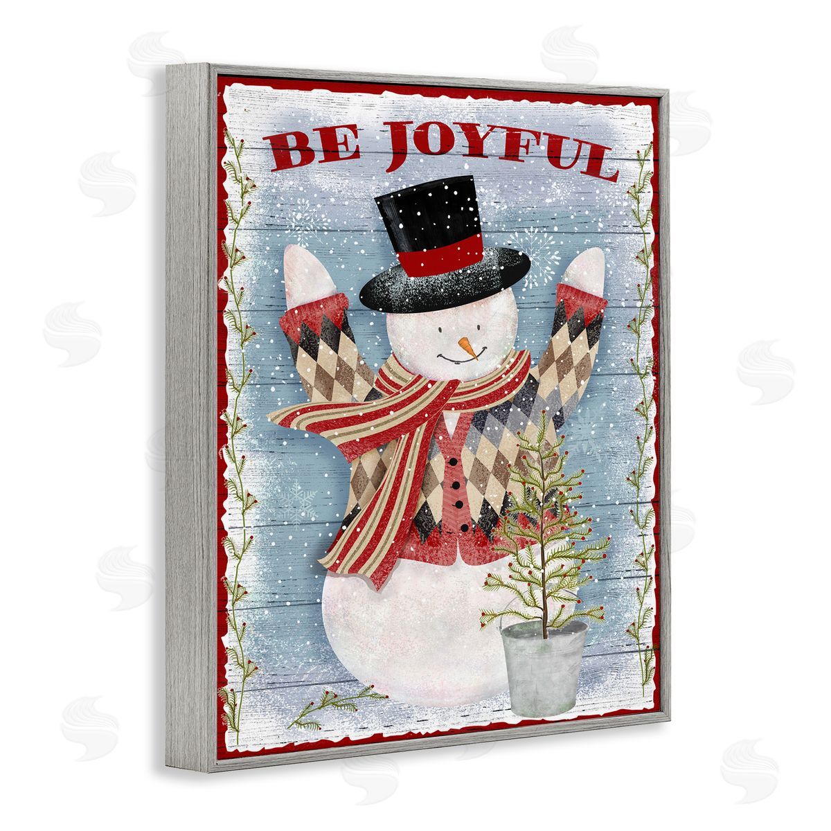Beth Albert Country Snowman Christmas Tree Gray Framed Giclee Wall Art