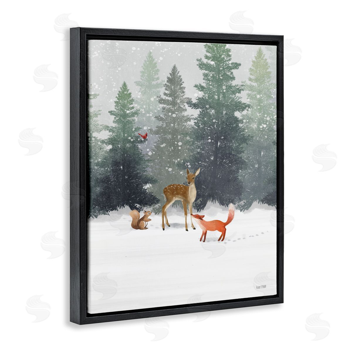 Winter Season Forest Animals Black Floating Frame Canvas Wall Art, Home Decor by House Fenway