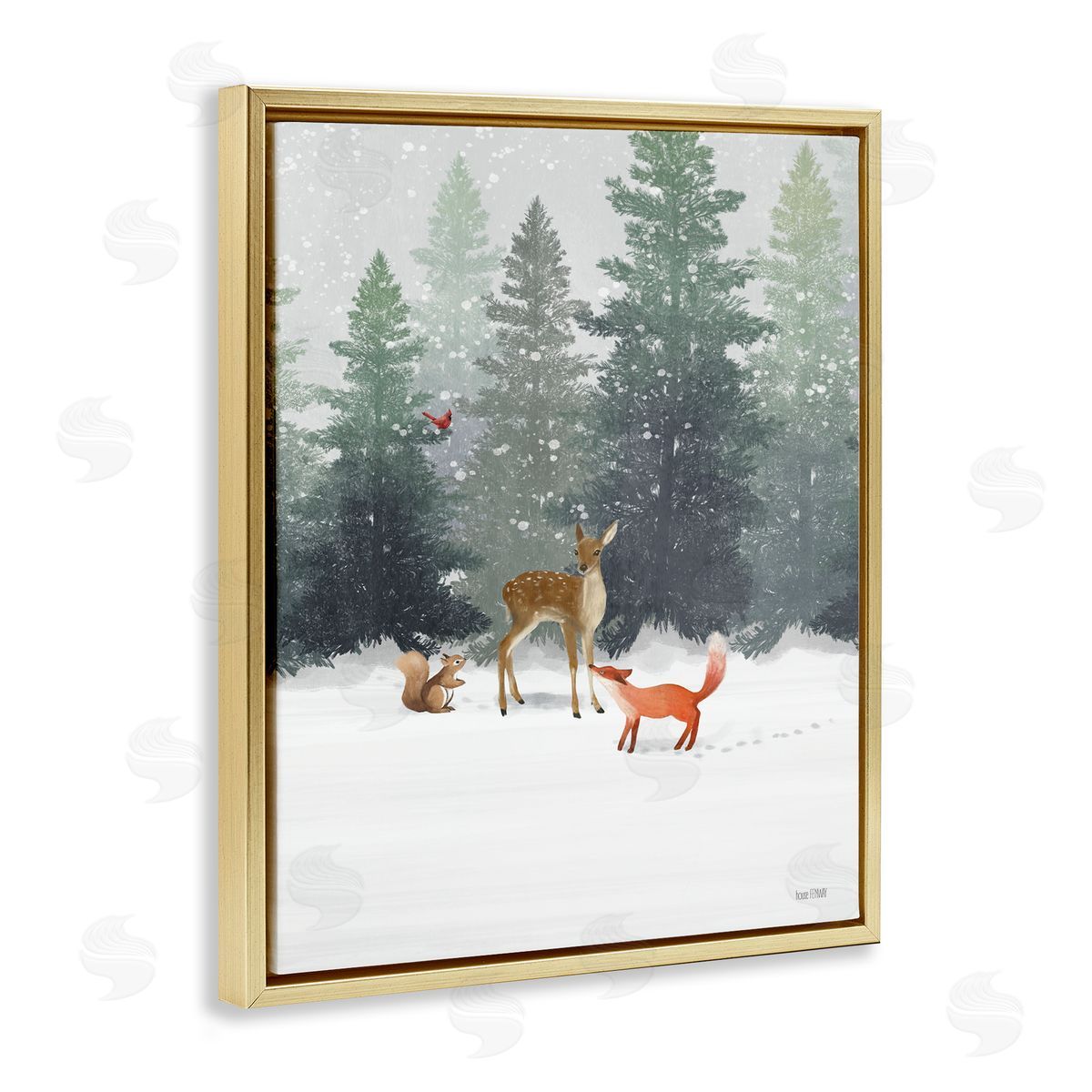 Winter Season Forest Animals Gold Floating Frame Canvas Wall Art, Home Decor by House Fenway
