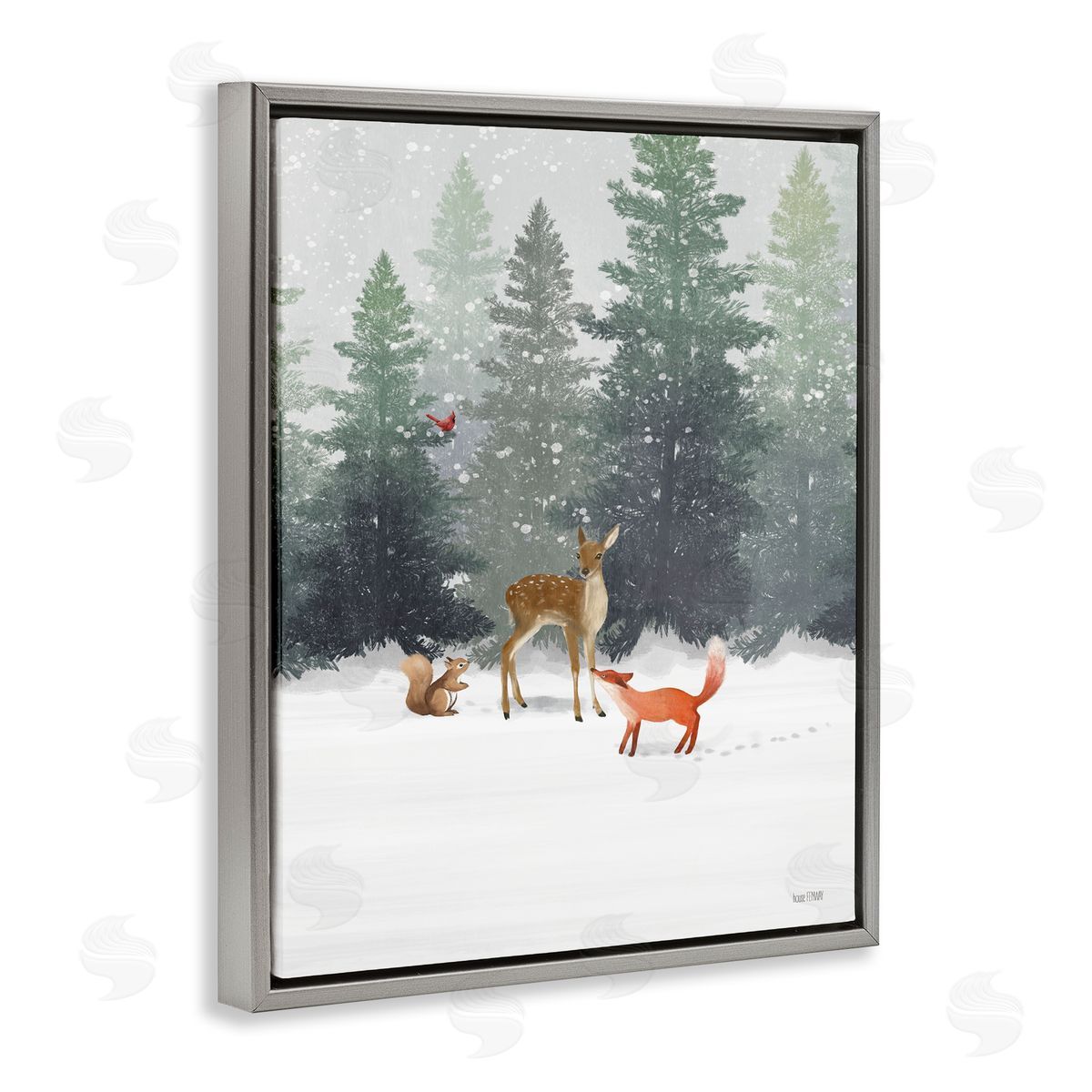 Winter Season Forest Animals Grey Floating Frame Canvas Wall Art, Home Decor by House Fenway