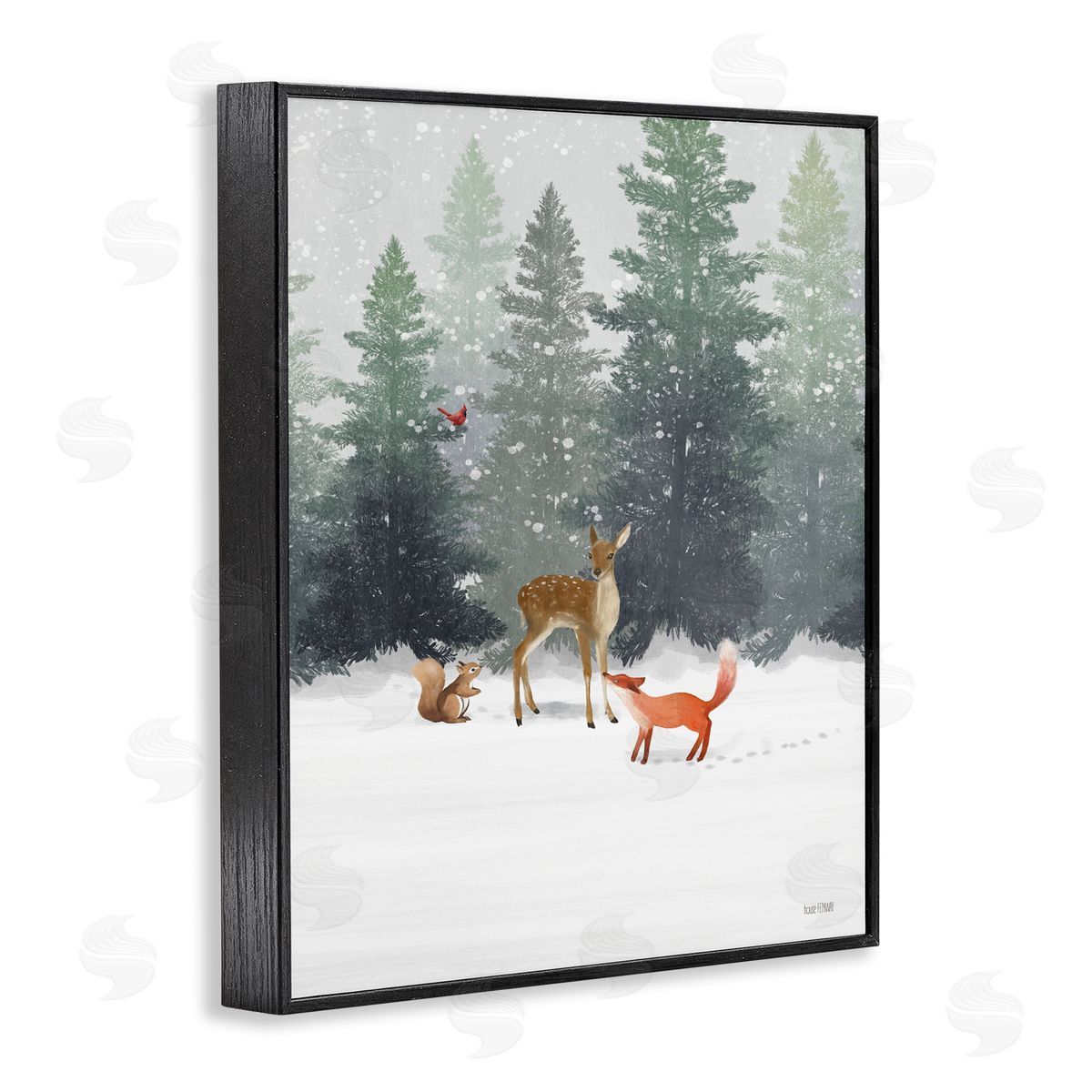 Winter Season Forest Animals Black Frame Print Wall Art, Home Decor by House Fenway