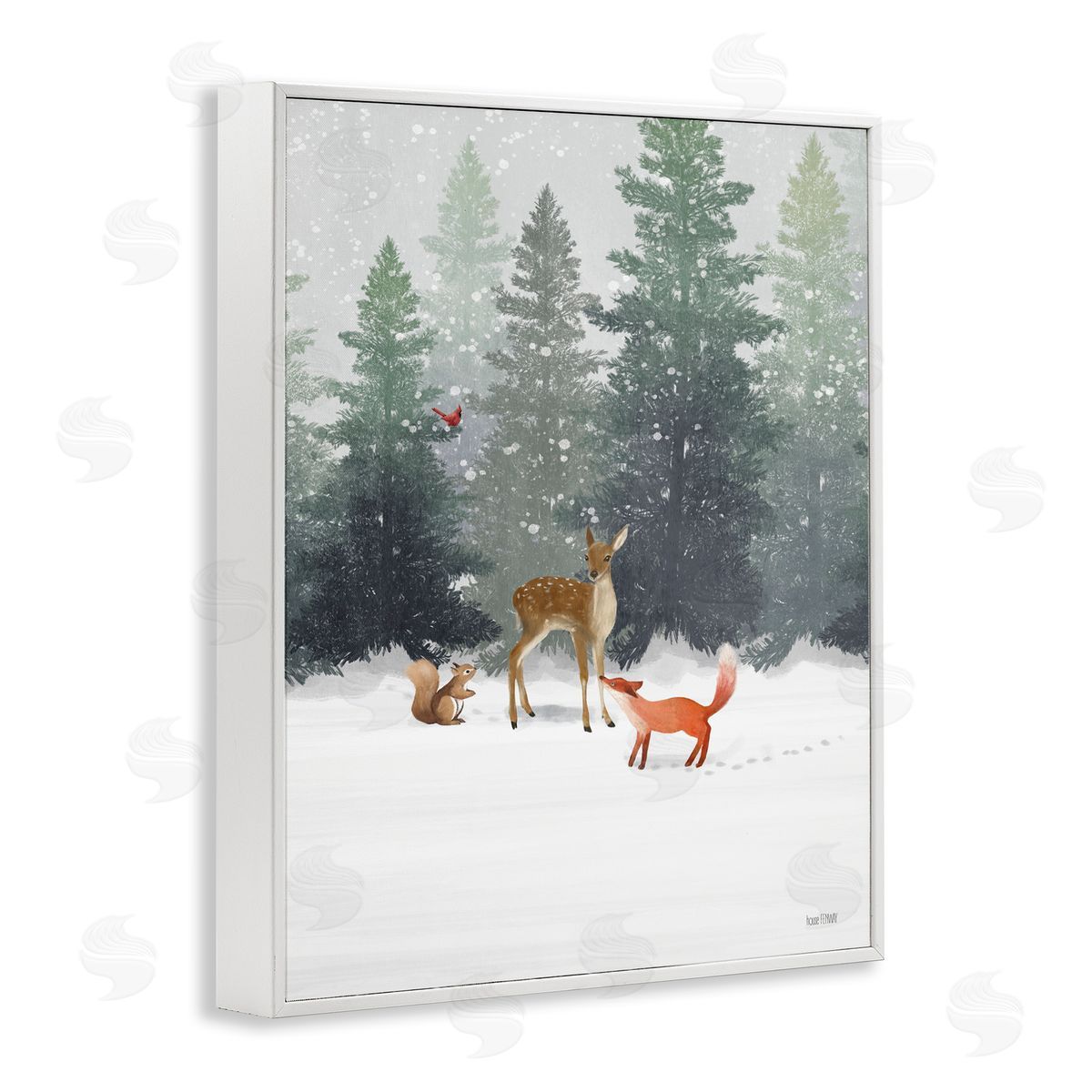 Winter Season Forest Animals White Frame Print Wall Art, Home Decor by House Fenway
