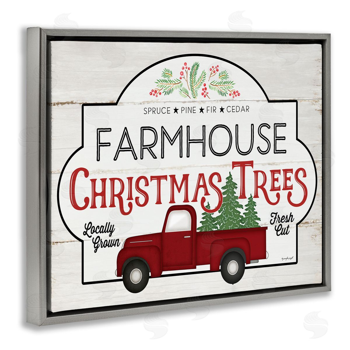 Jennifer Pugh Farmhouse Christmas Tree Vintage Sign Gray Floater Frame Canvas Art