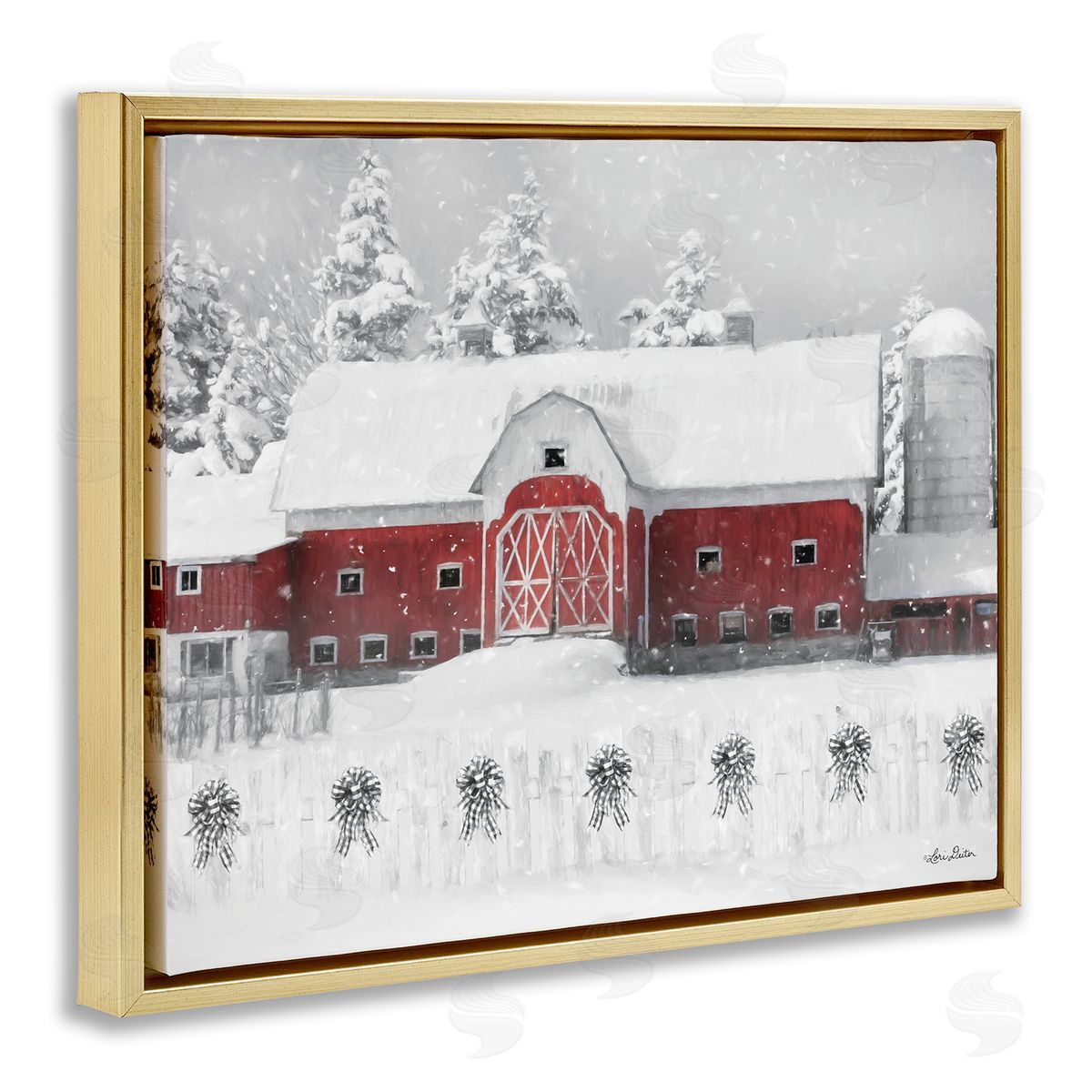 Lori Deiter Red Barn Winter Scene Snowfall Gold Floater Frame Canvas Art