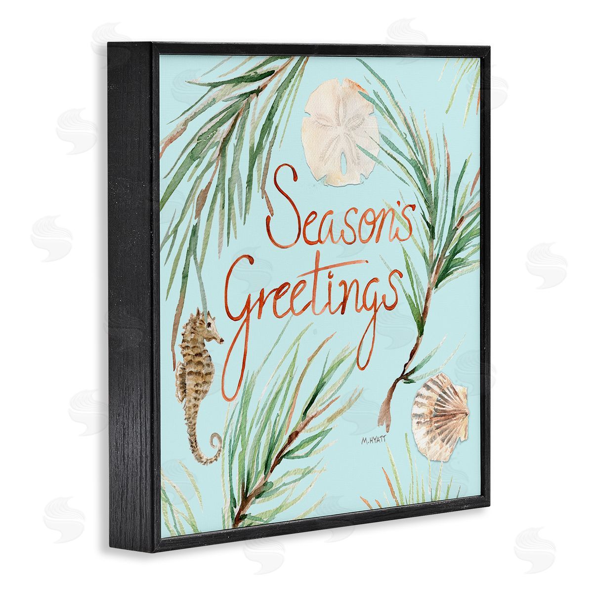 Melissa Hyatt Season's Greetings Nautical Christmas Seahorse Black Framed Giclee Wall Art