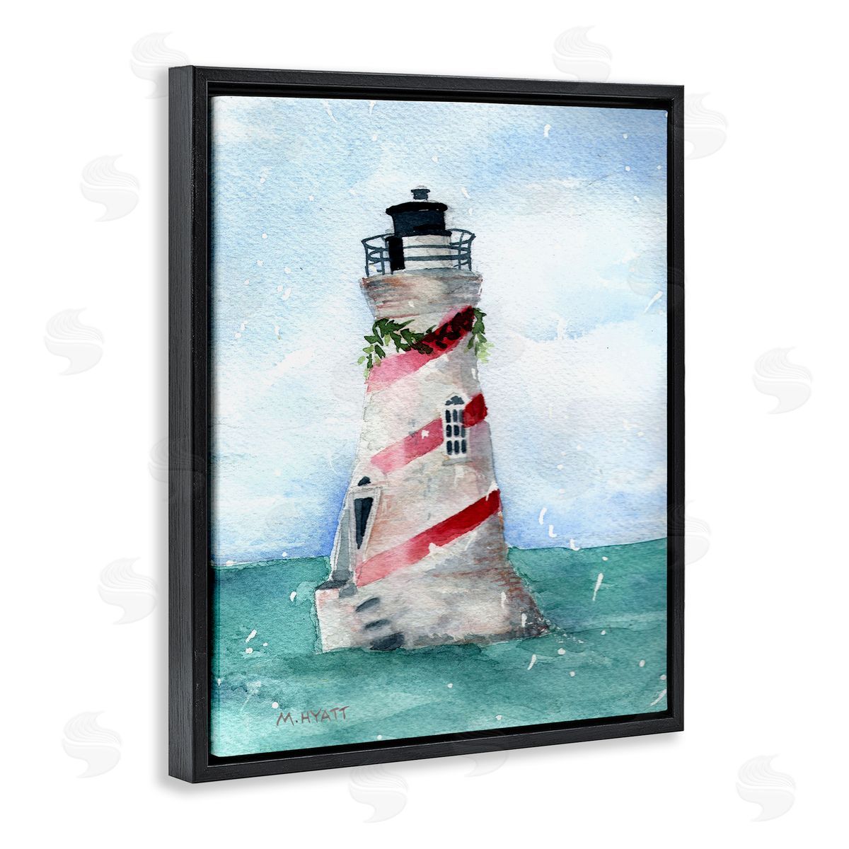 Melissa Hyatt Holiday Lighthouse Candy Cane Stripes Black Floater Frame Canvas Art