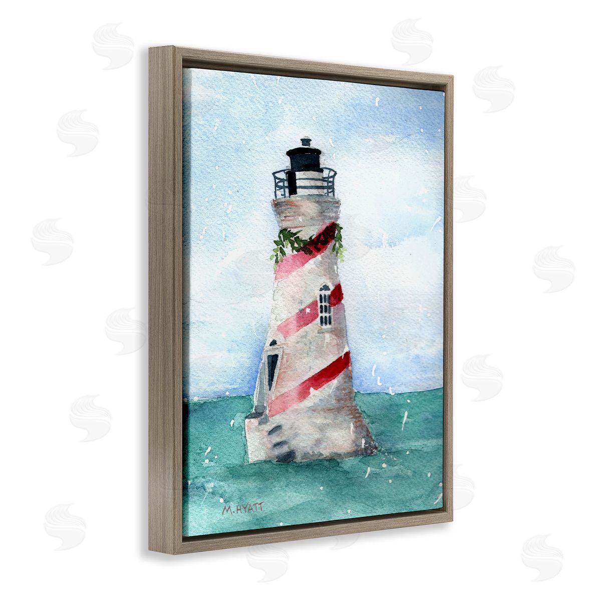 Melissa Hyatt Holiday Lighthouse Candy Cane Stripes Brown Floater Frame Canvas Art