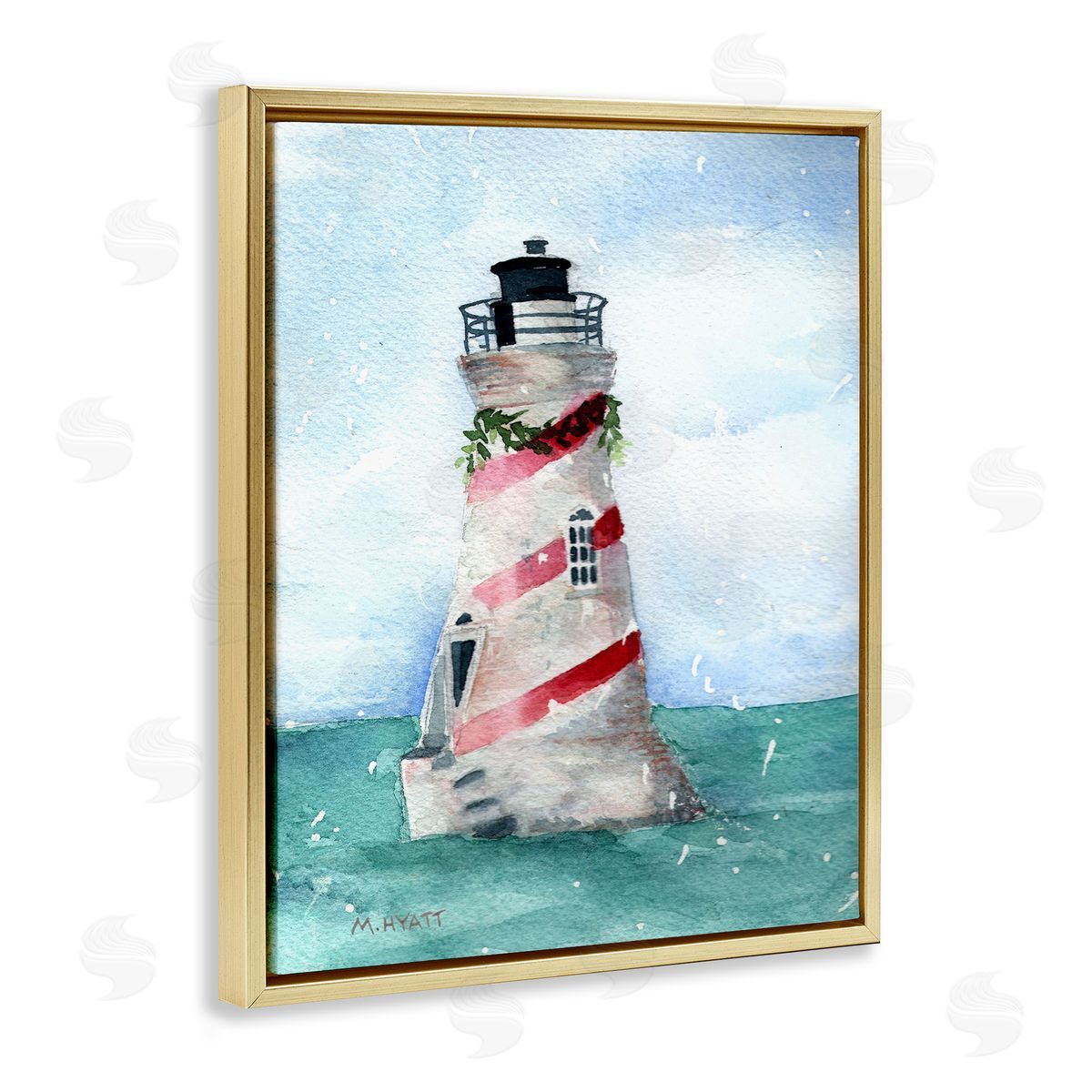 Melissa Hyatt Holiday Lighthouse Candy Cane Stripes Gold Floater Frame Canvas Art