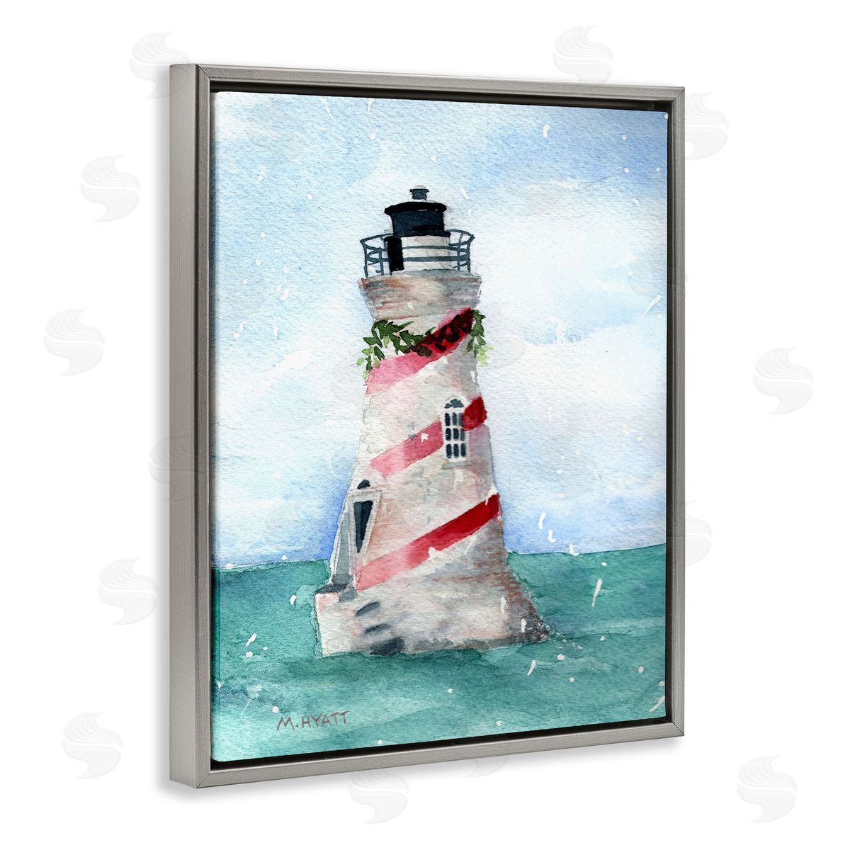 Melissa Hyatt Holiday Lighthouse Candy Cane Stripes Gray Floater Frame Canvas Art
