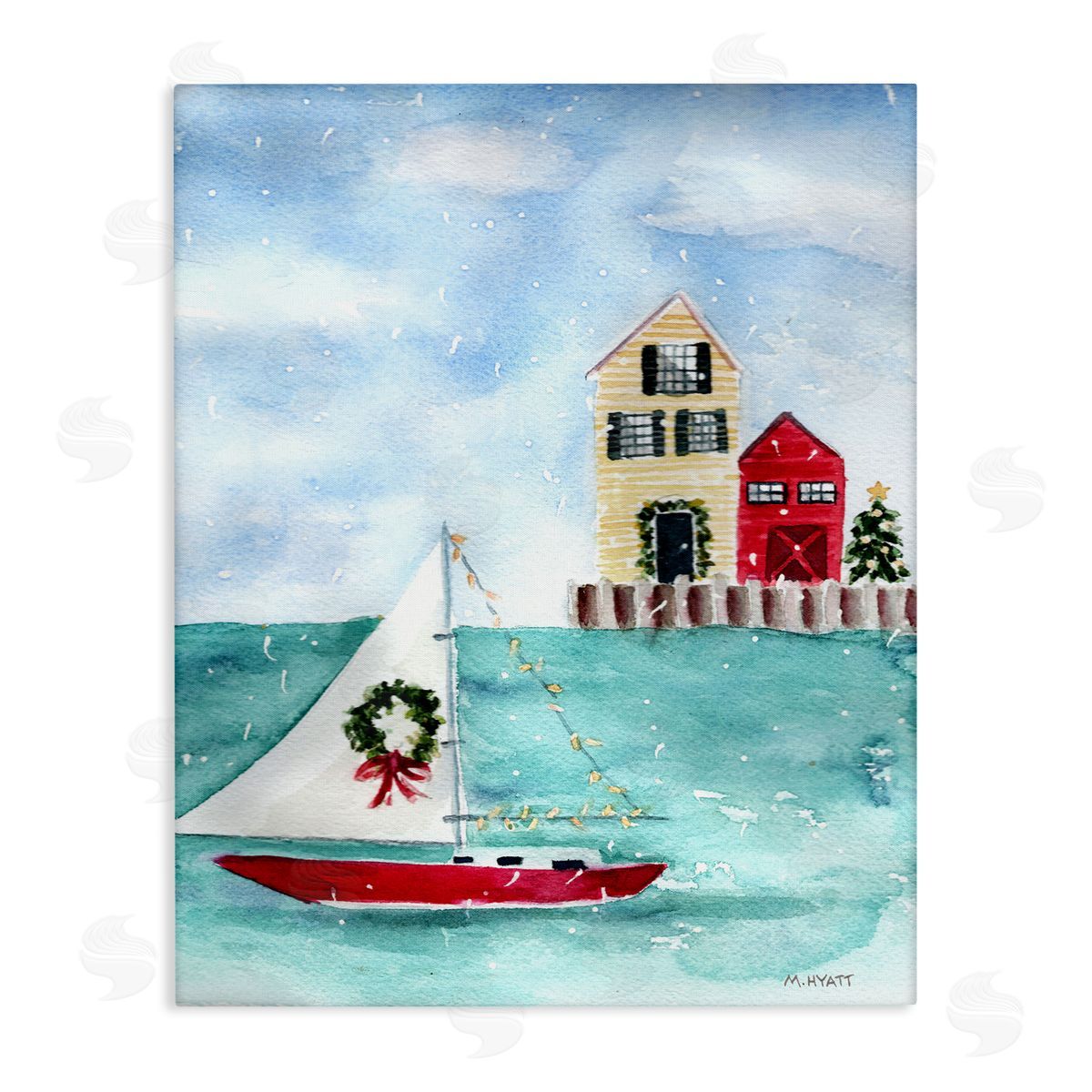Melissa Hyatt Holiday Sailboat Wreath Nautical Christmas Canvas Wall Art