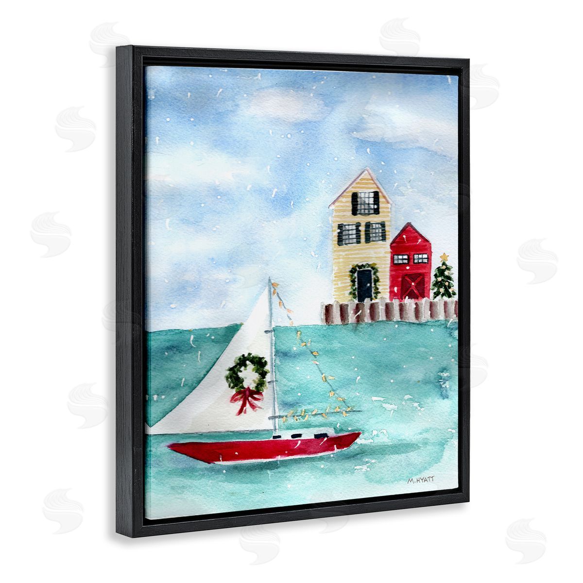 Melissa Hyatt Holiday Sailboat Wreath Nautical Christmas Black Floater Frame Canvas Art