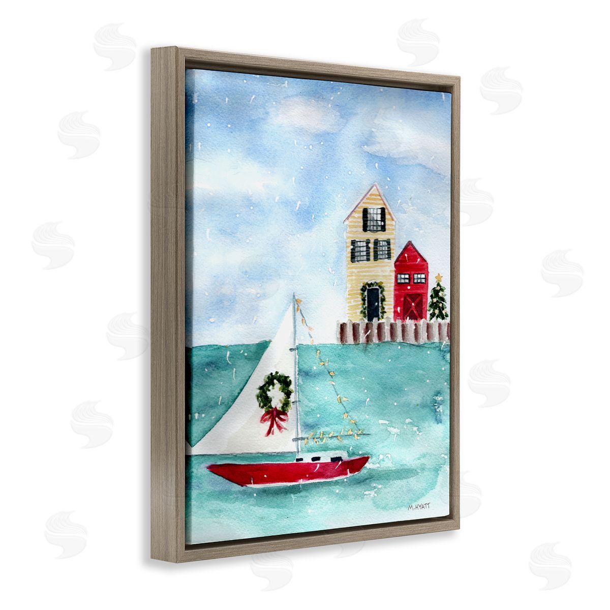 Melissa Hyatt Holiday Sailboat Wreath Nautical Christmas Brown Floater Frame Canvas Art