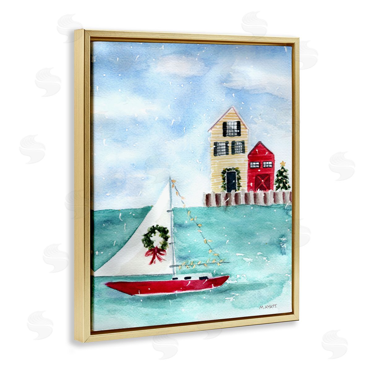 Melissa Hyatt Holiday Sailboat Wreath Nautical Christmas Gold Floater Frame Canvas Art