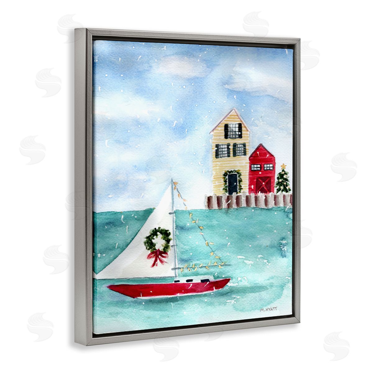Melissa Hyatt Holiday Sailboat Wreath Nautical Christmas Gray Floater Frame Canvas Art