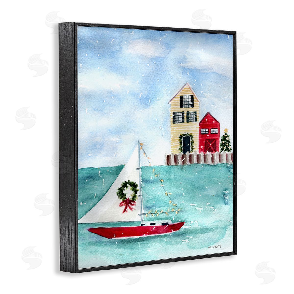 Melissa Hyatt Holiday Sailboat Wreath Nautical Christmas Black Framed Giclee Wall Art