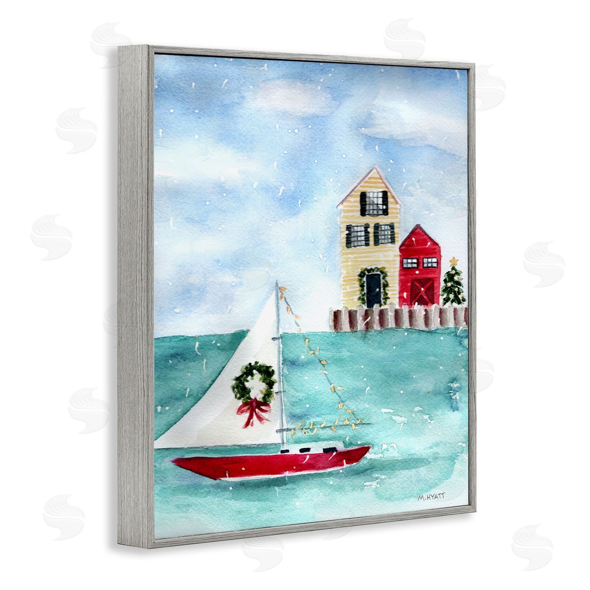 Melissa Hyatt Holiday Sailboat Wreath Nautical Christmas Gray Framed Giclee Wall Art