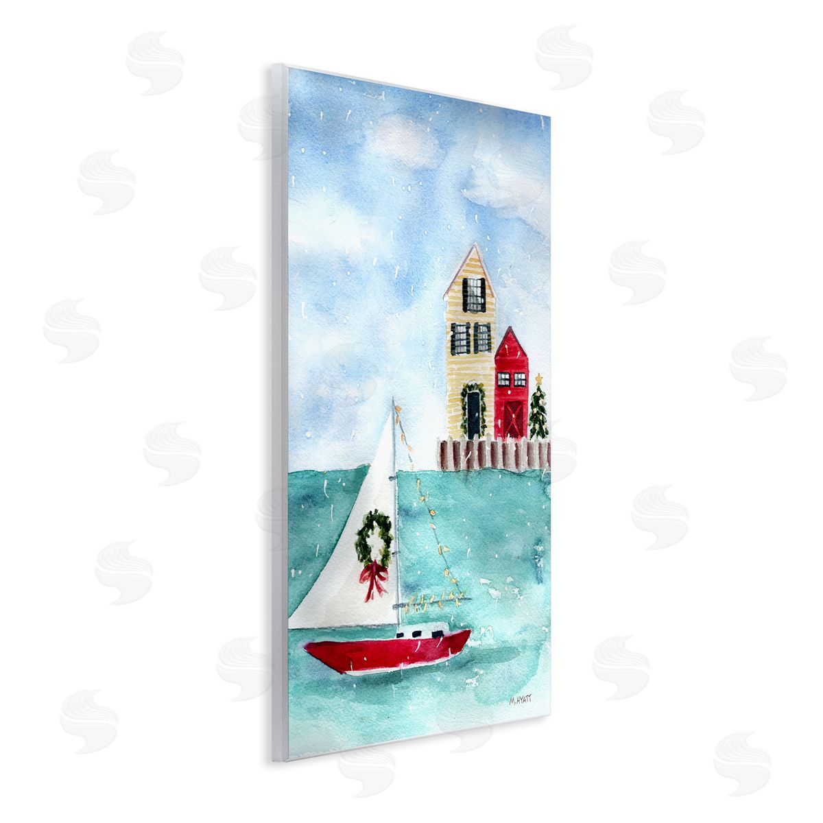 Melissa Hyatt Holiday Sailboat Wreath Nautical Christmas Wall Plaque Art