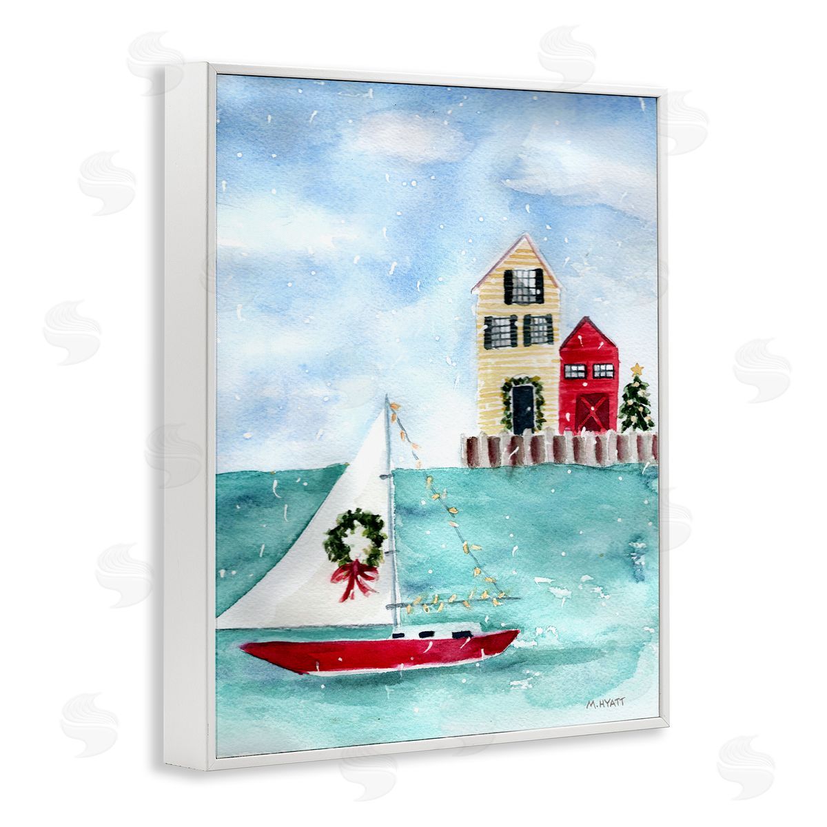 Melissa Hyatt Holiday Sailboat Wreath Nautical Christmas White Framed Giclee Wall Art
