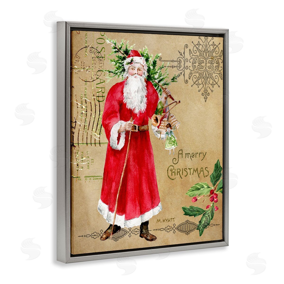 Melissa Hyatt Vintage Santa Claus Postal Design Gray Floater Frame Canvas Art