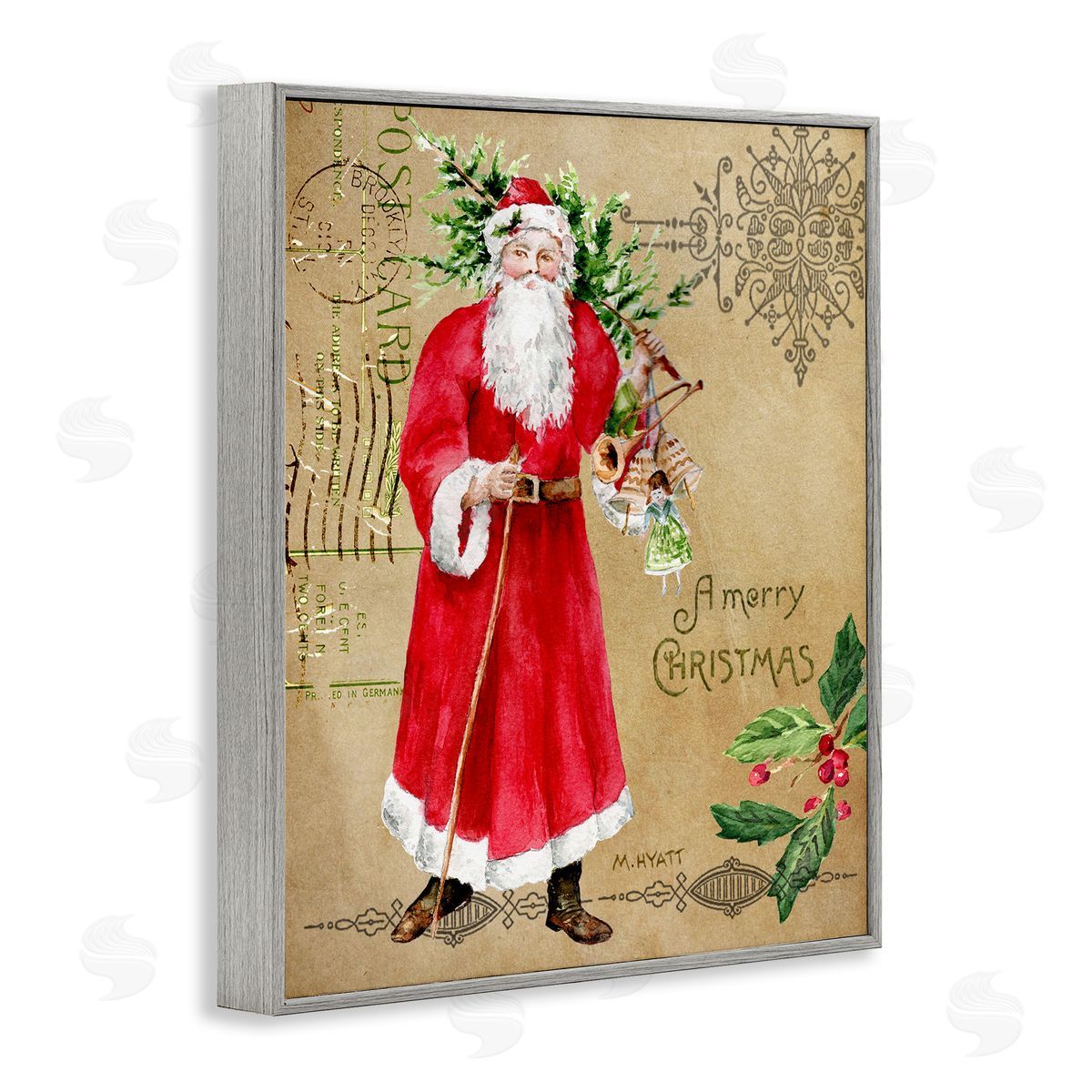 Melissa Hyatt Vintage Santa Claus Postal Design Gray Framed Giclee Wall Art