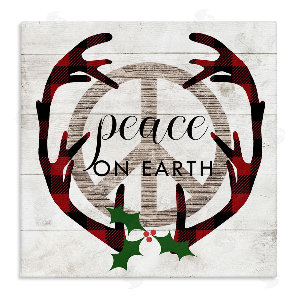 Stupell Studio Rustic Peace on Earth Holiday Plaid Antlers Canvas Wall Art