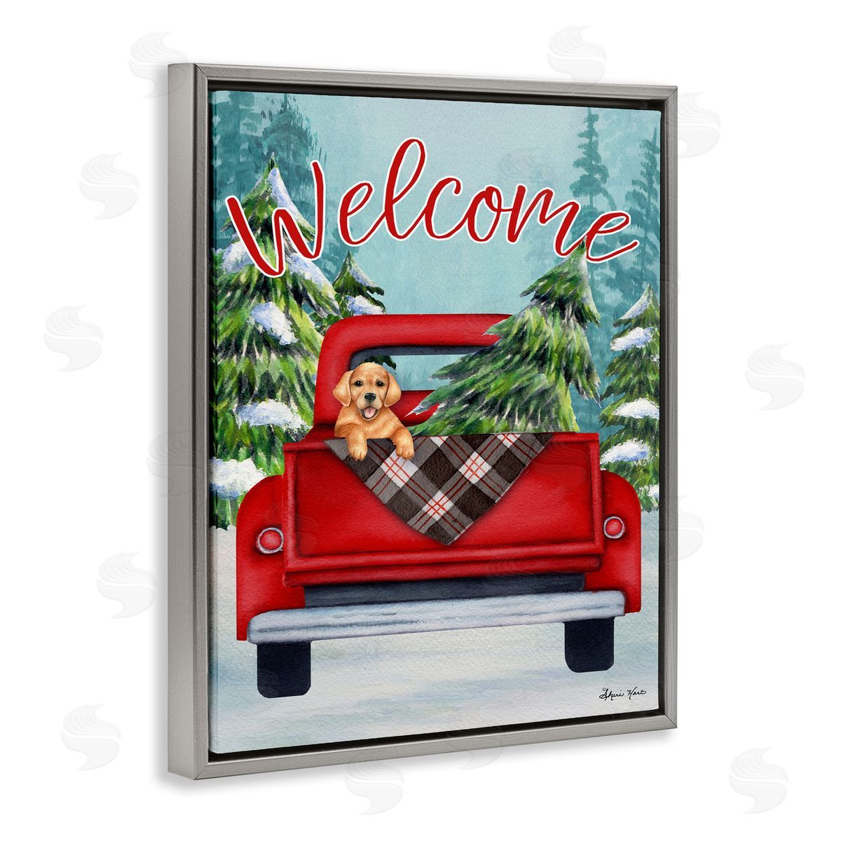 Sheri Hart Red Truck Christmas Pet Dog Gray Floater Frame Canvas Art
