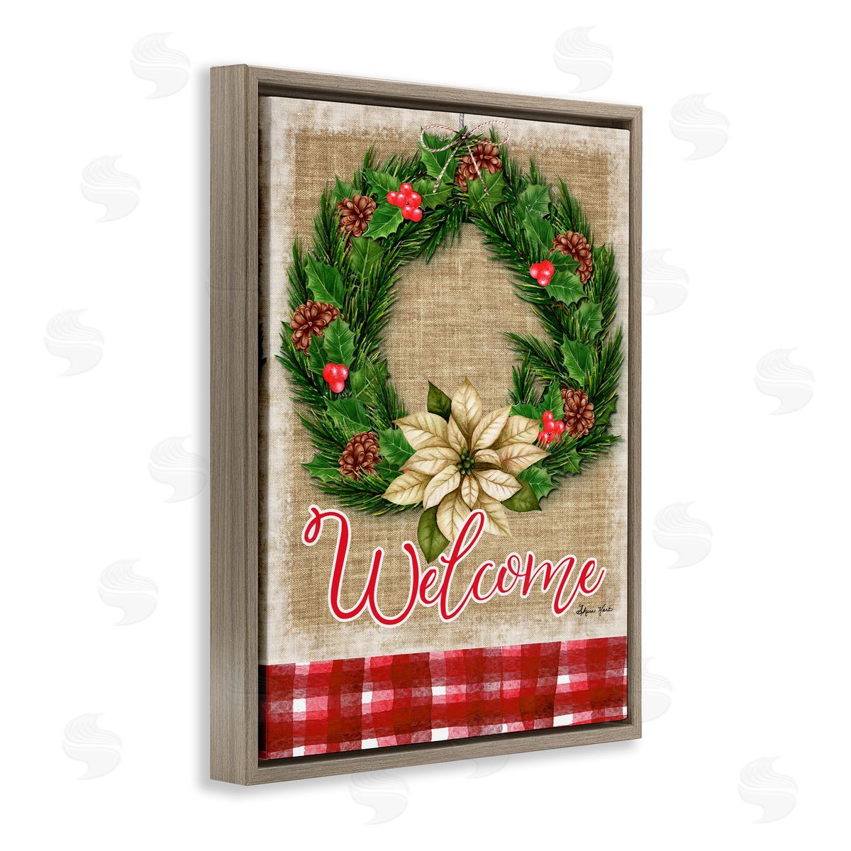 Sheri Hart Welcome Cottage Wreath Pinecones  Brown Floater Frame Canvas Art