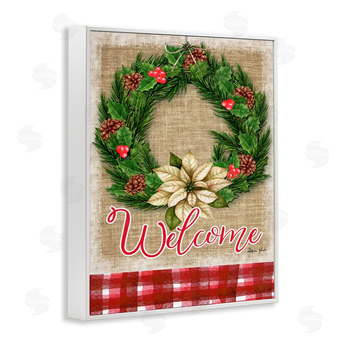 Sheri Hart Welcome Cottage Wreath Pinecones  White Framed Giclee Wall Art