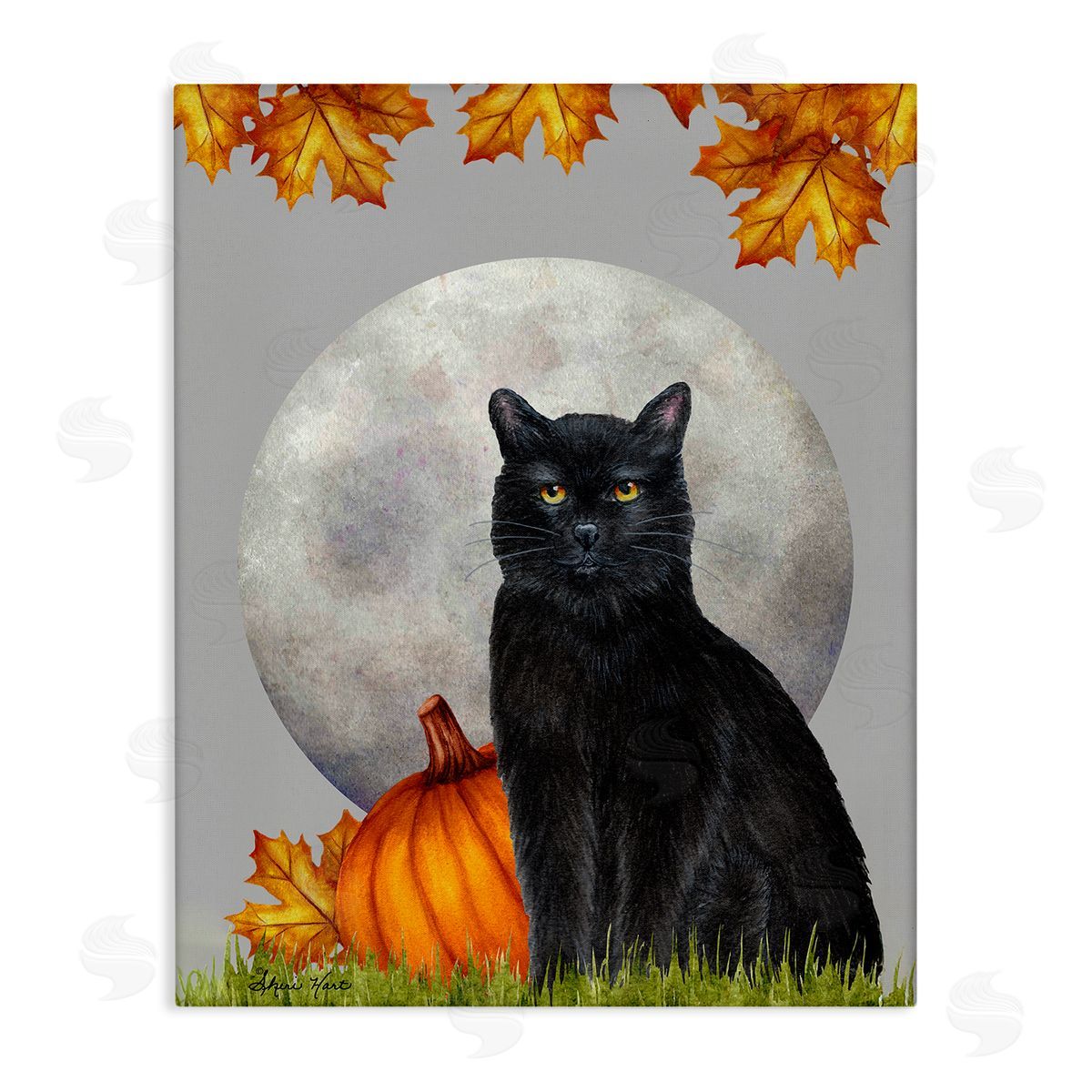 Sheri Hart Black Cat Full Moon and Pumpkins Canvas Wall Art