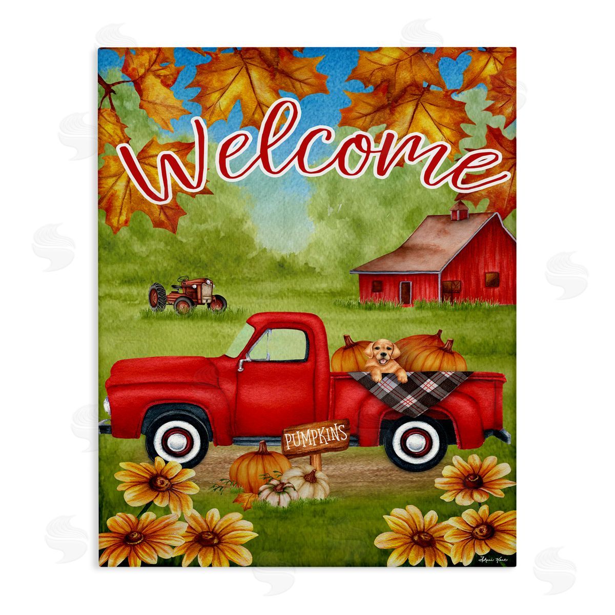 Sheri Hart Welcome Red Truck Autumn Leaves Canvas Wall Art