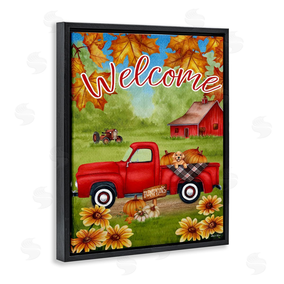 Sheri Hart Welcome Red Truck Autumn Leaves Black Floater Frame Canvas Art