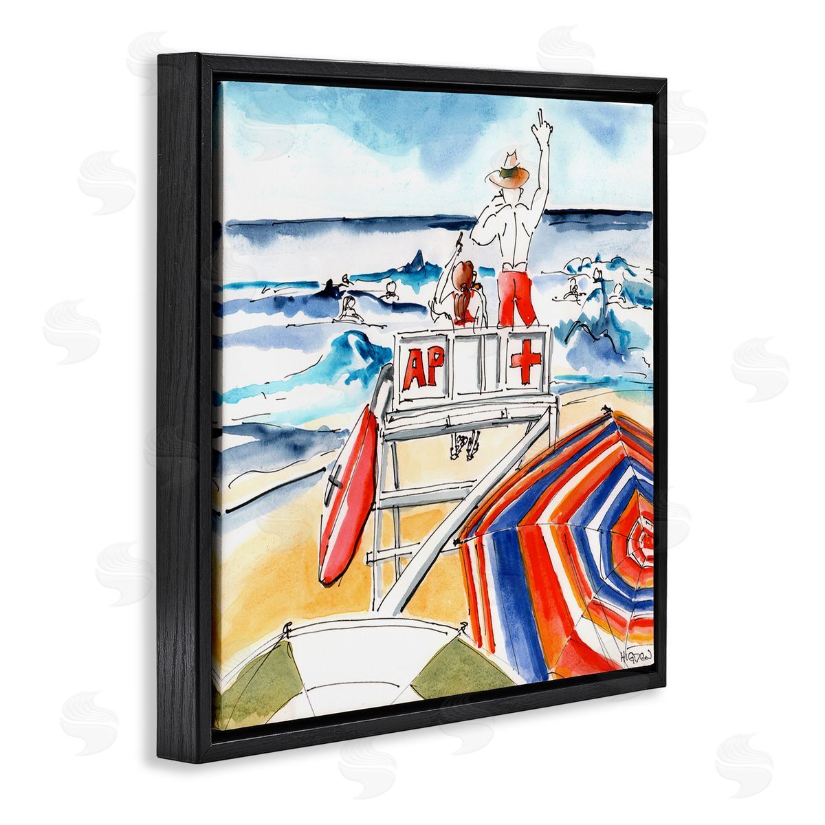 Mark Higden Beach Lifeguard Chair Watercolor Black Floater Frame Canvas Art