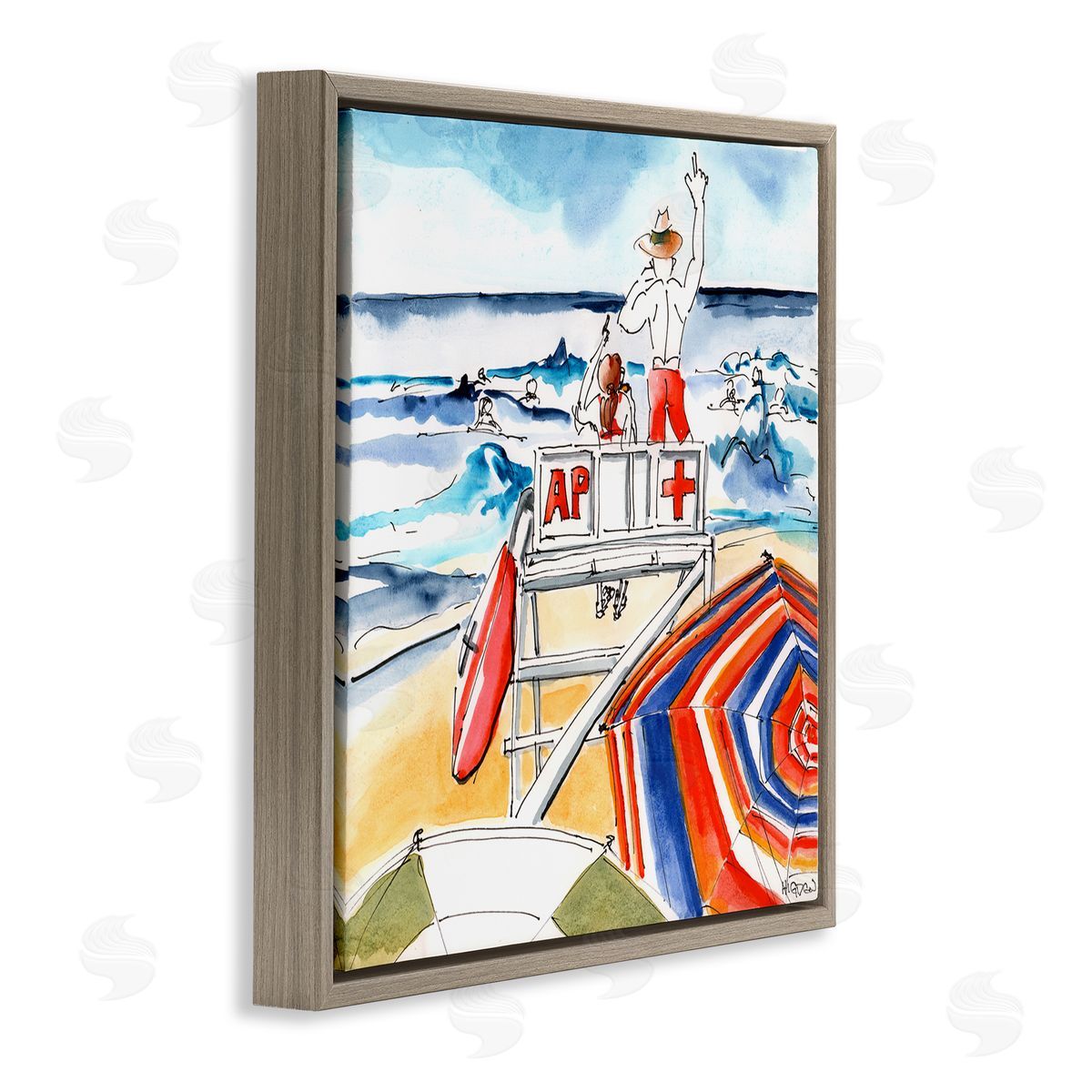 Mark Higden Beach Lifeguard Chair Watercolor Brown Floater Frame Canvas Art