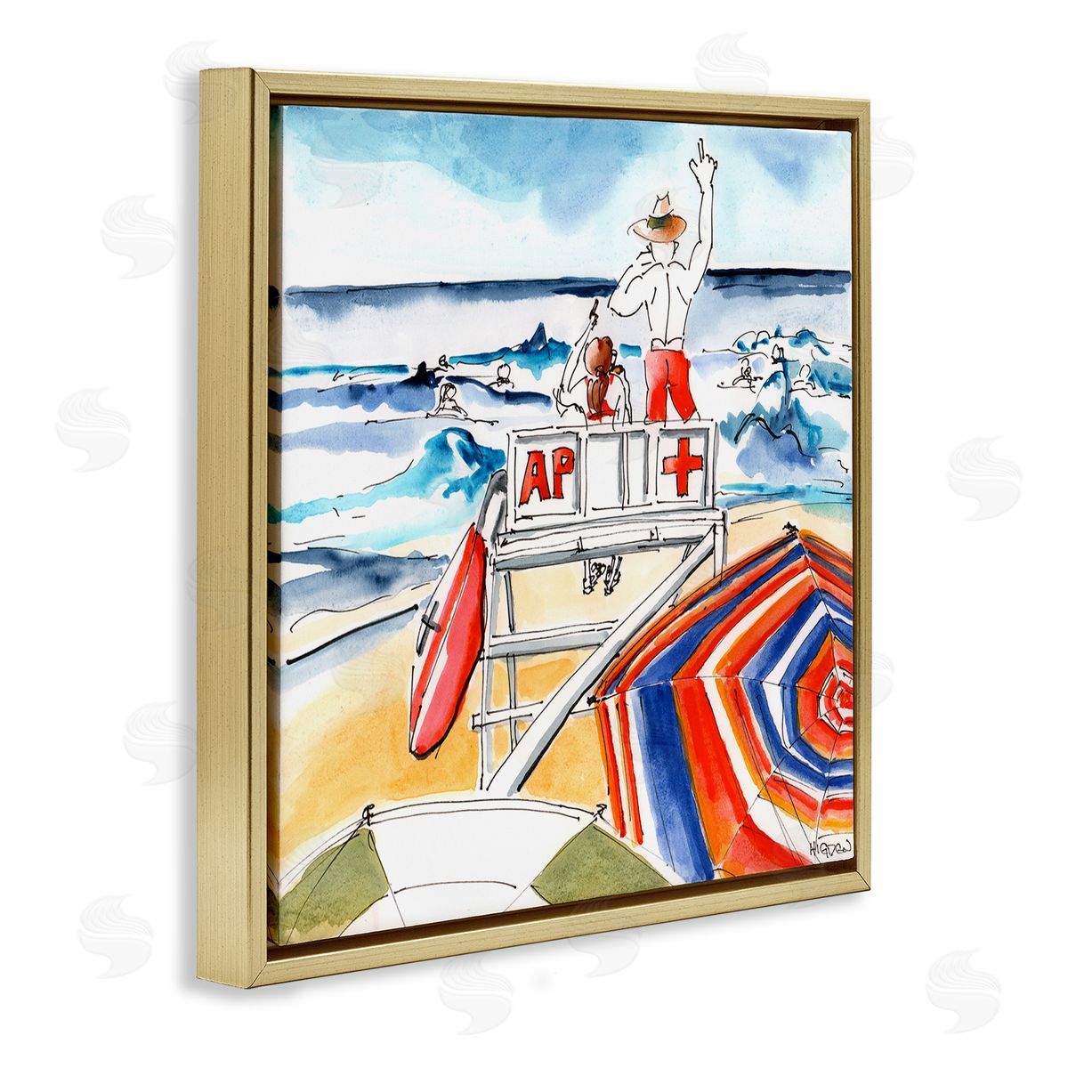 Mark Higden Beach Lifeguard Chair Watercolor Gold Floater Frame Canvas Art