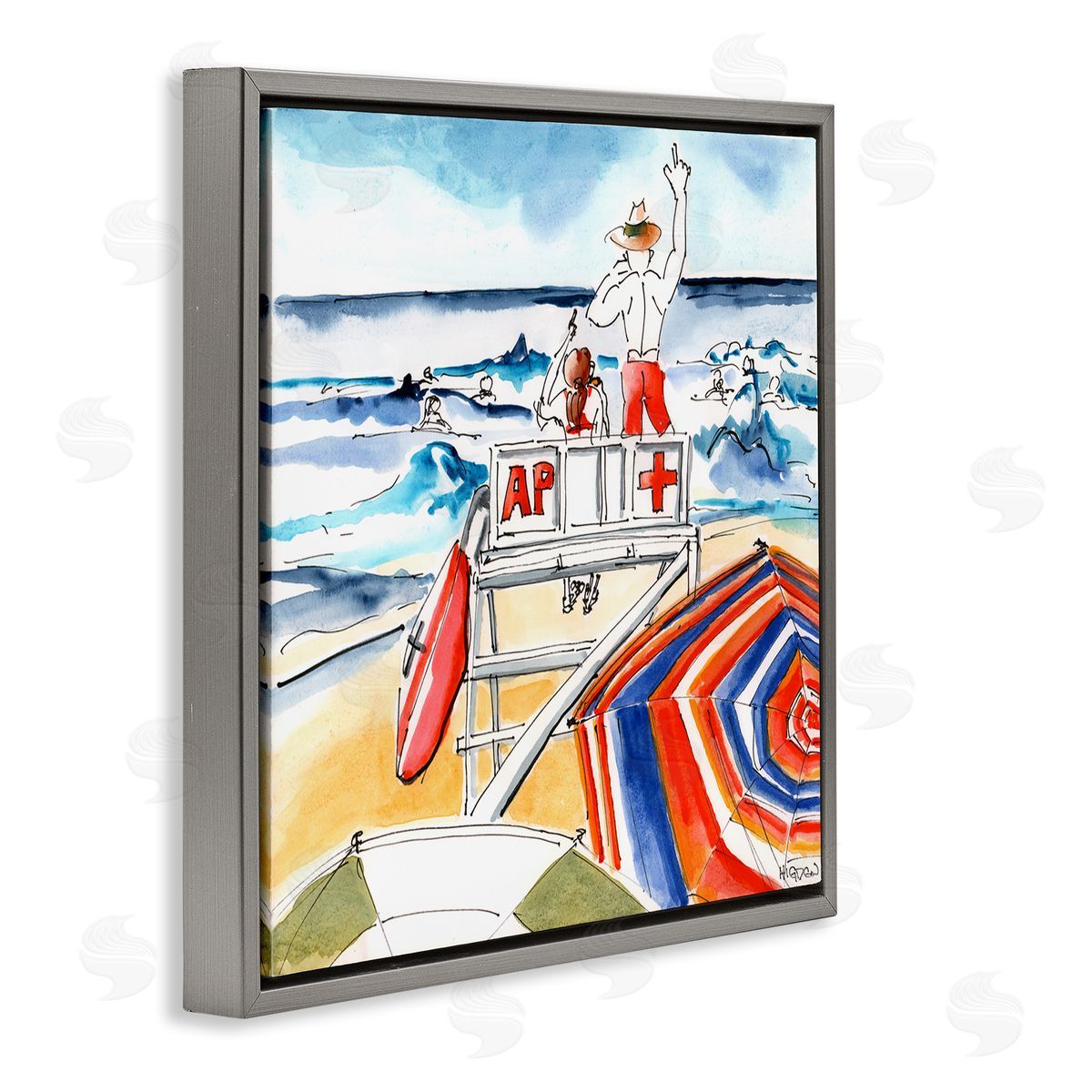 Mark Higden Beach Lifeguard Chair Watercolor Gray Floater Frame Canvas Art