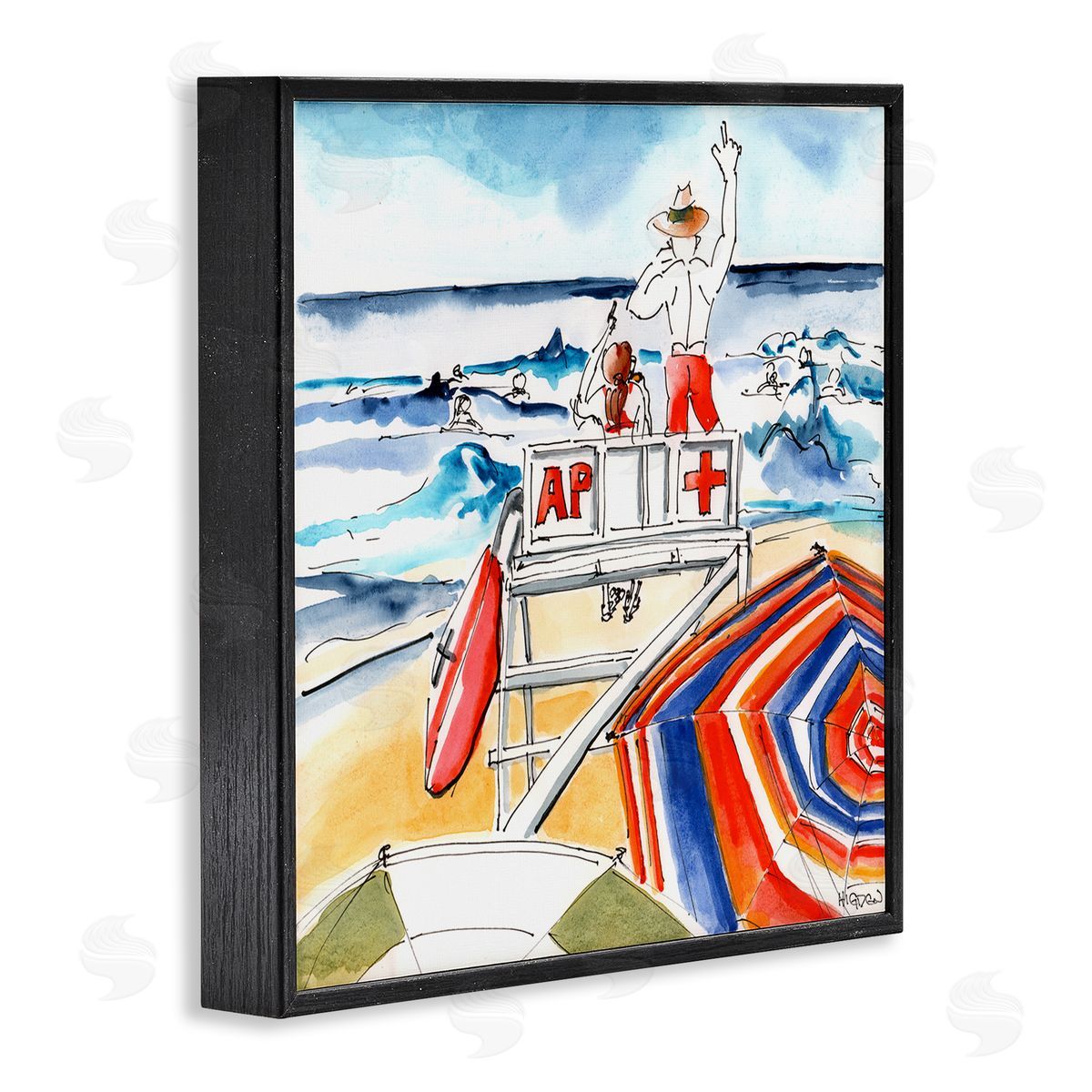 Mark Higden Beach Lifeguard Chair Watercolor Black Framed Giclee Wall Art