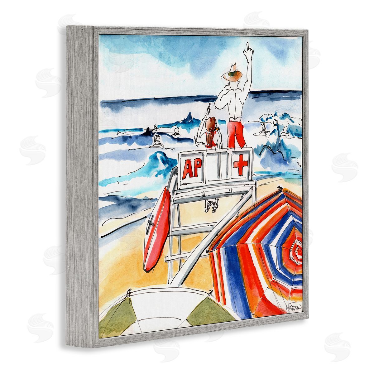 Mark Higden Beach Lifeguard Chair Watercolor Gray Framed Giclee Wall Art