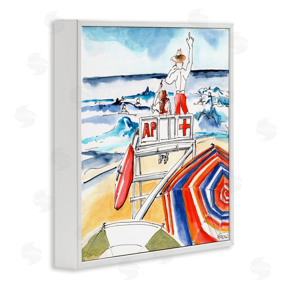 Mark Higden Beach Lifeguard Chair Watercolor White Framed Giclee Wall Art