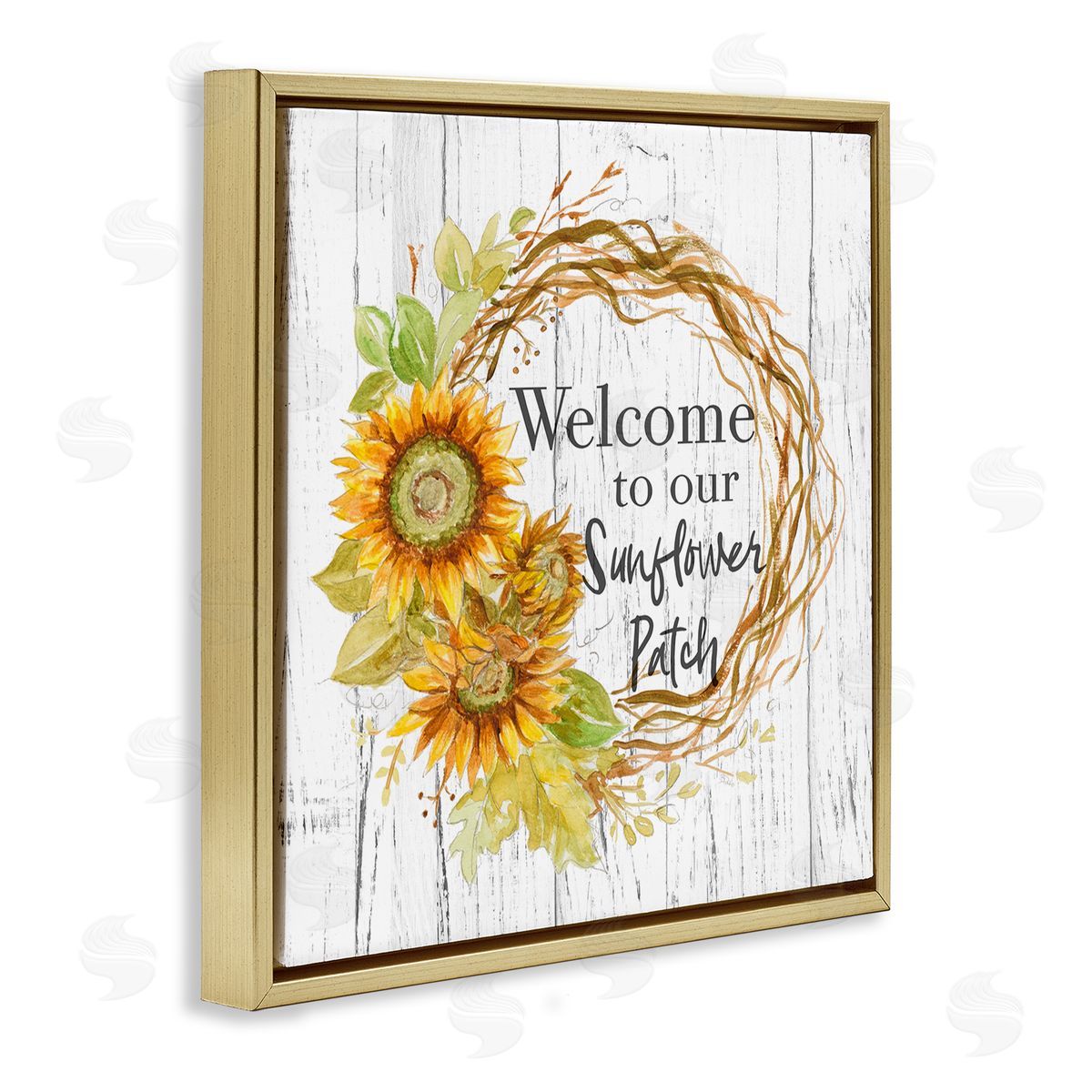 Welcome Rustic Floral Wreath Gold Floating Frame Canvas Wall Art, Home Decor by Patricia Pinto