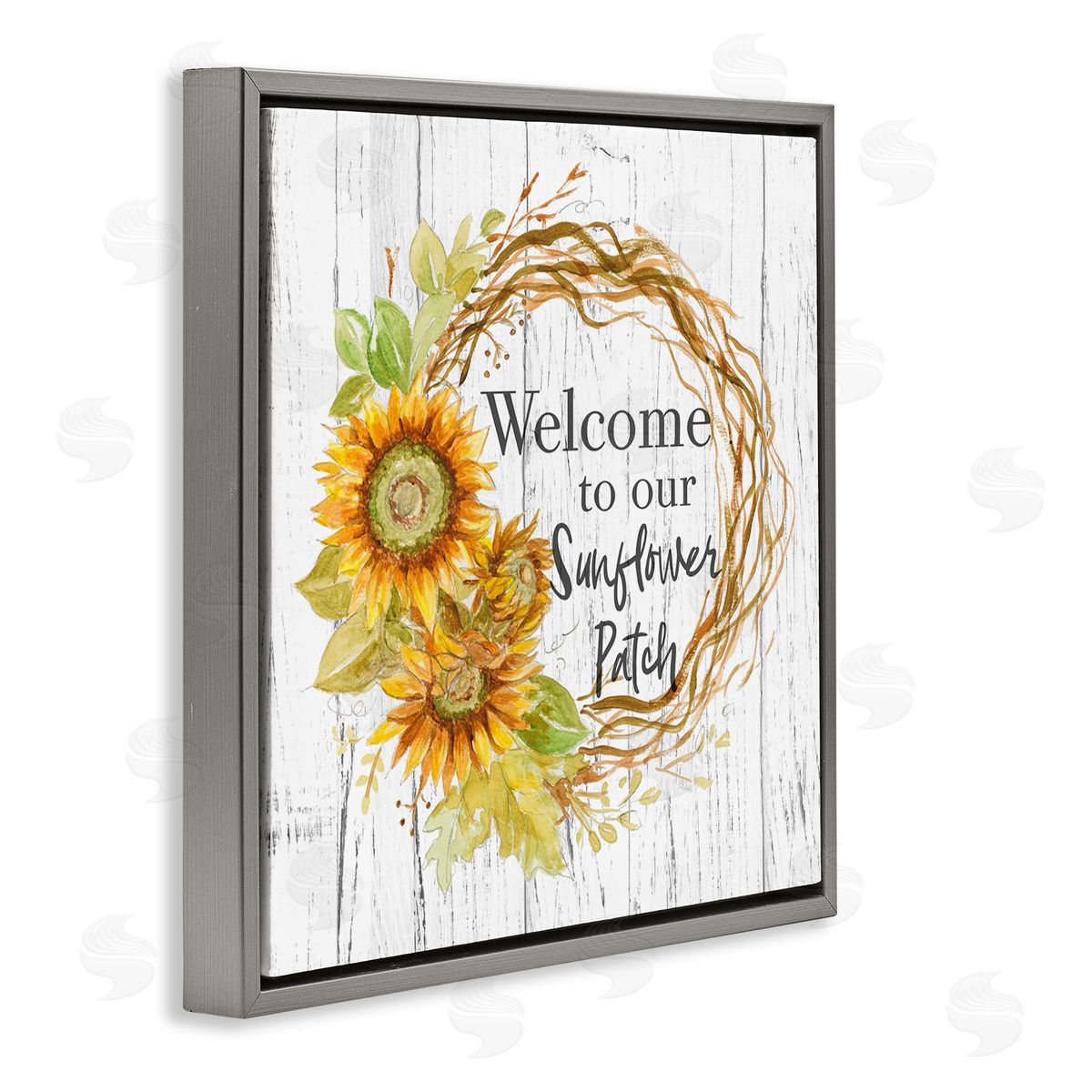 Welcome Rustic Floral Wreath Grey Floating Frame Canvas Wall Art, Home Decor by Patricia Pinto