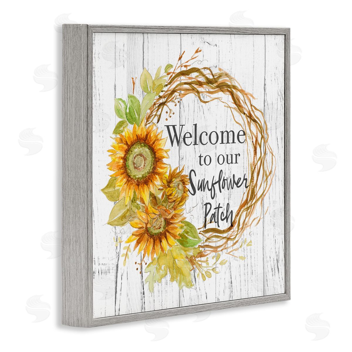 Welcome Rustic Floral Wreath Grey Frame Print Wall Art, Home Decor by Patricia Pinto